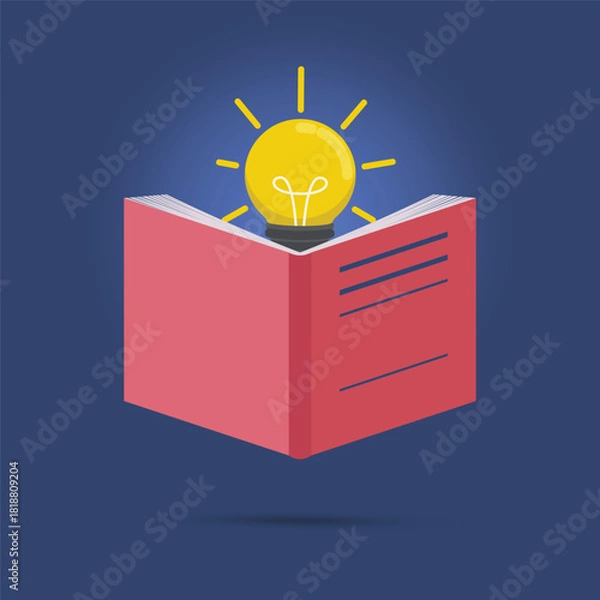 Fototapeta A creative vector illustration of an open book with a glowing light bulb emerging from its pages, symbolizing knowledge, learning, creativity, and inspiration