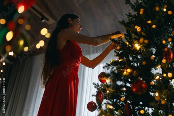 Obraz woman near Christmas tree indoor
