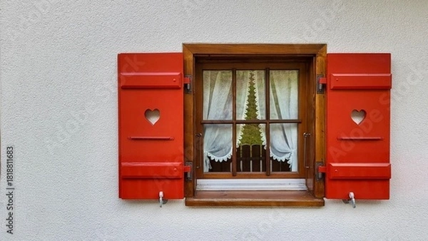 Fototapeta Red Window Shutters with Heart Cutout and White Curtains on a Bright House Wall, Rustic Swiss Chalet Style