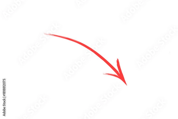 Fototapeta A bright red curved arrow pointing downwards and to the right isolated on transparent background