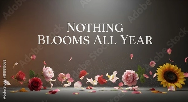 Fototapeta An artistic composition showcases a variety of blooms, including roses, peonies, and a sunflower, against a diffused background, accentuating the vibrancy and delicate details of each flower 