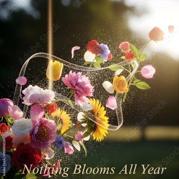 Fototapeta A vibrant floral arrangement showcasing an array of colorful blooms, including roses, peonies, sunflowers, and tulips, captured with a dreamy, ethereal quality and gentle lighting, 