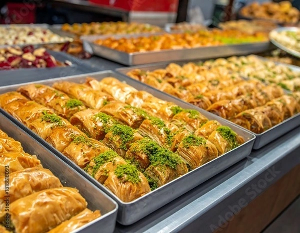 Fototapeta Assorted pastries and sweets displayed on trays, ready to be enjoyed