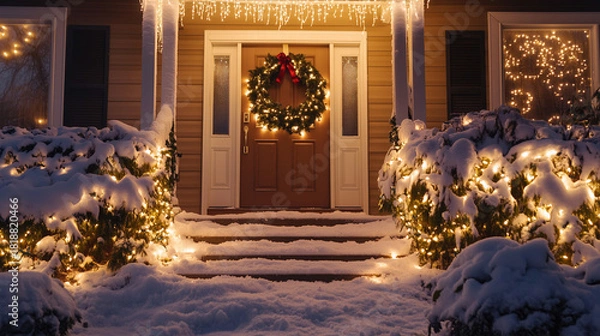 Obraz Welcoming Christmas Front Porch at Night