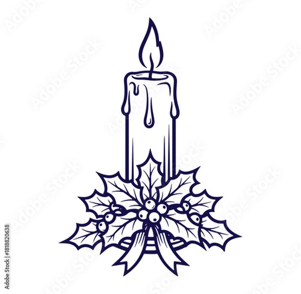 Fototapeta Elegant vector illustration of a lit candle decorated with holly and festive ribbons