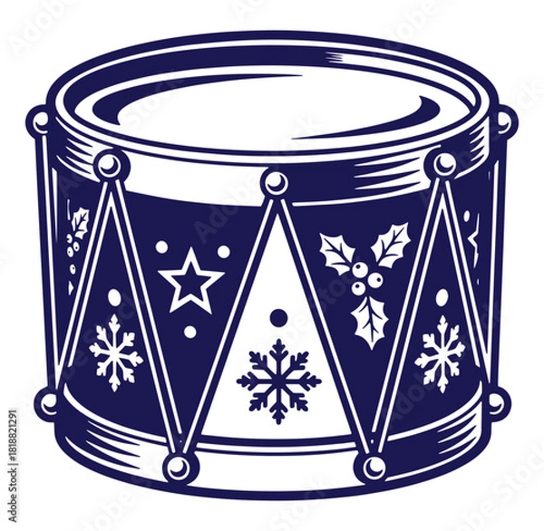 Fototapeta Festive blue christmas drum decorated with snowflakes holly berries and star ornaments