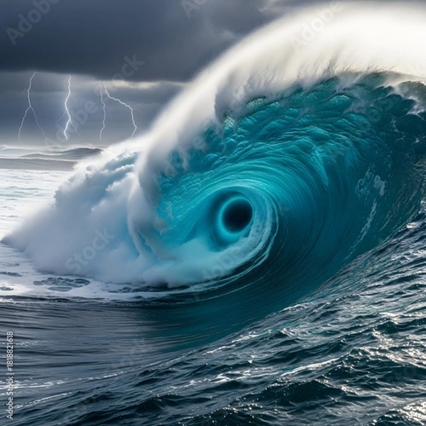 Fototapeta A colossal, surreal ocean wave forms a swirling vortex during a dramatic and powerful thunderstorm with lightning in the background
