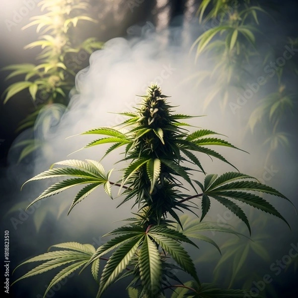 Fototapeta A detailed close-up of a vibrant green cannabis plant with a flowering bud, enveloped in a mystical cloud of white smoke under dramatic lighting