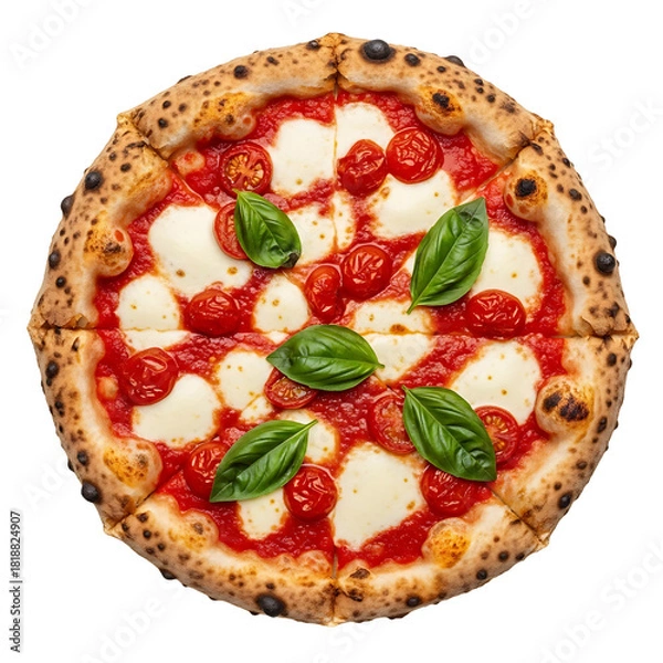 Fototapeta Neapolitan pizza margherita with fresh basil isolated on transparent background
