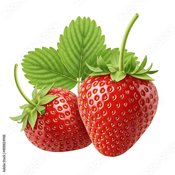 Fototapeta Two ripe strawberries with green leaf isolated on transparent background