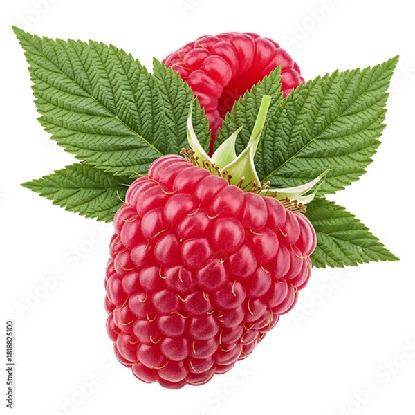 Fototapeta Two fresh red raspberries with green leaf isolated on transparent background