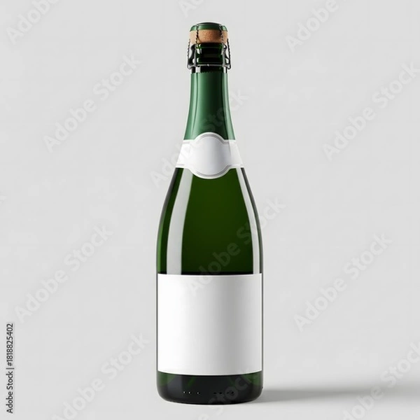 Fototapeta An elegant green glass bottle of sparkling wine with a blank white label, ideal for mockups, isolated on a neutral grey background