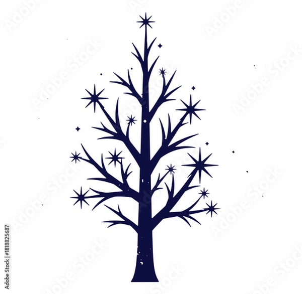 Fototapeta Stylized christmas tree silhouette with star decorations on isolated white background