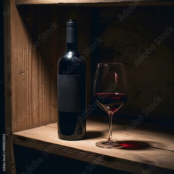 Fototapeta Sophisticated still life of a red wine bottle with a blank label and a full glass resting on a rustic wooden shelf in a cellar