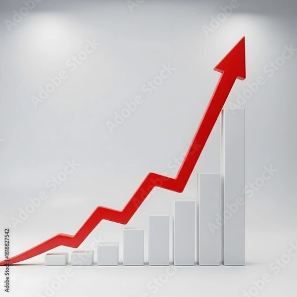Fototapeta 3D rendering of a rising bar chart with a red arrow pointing upwards, illustrating economic progress, investment returns, and market success