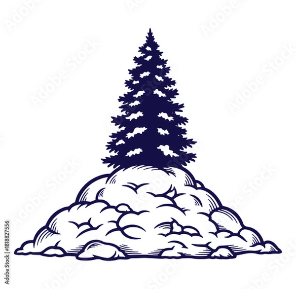 Fototapeta Vector illustration of evergreen tree atop a snowy hill for winter designs