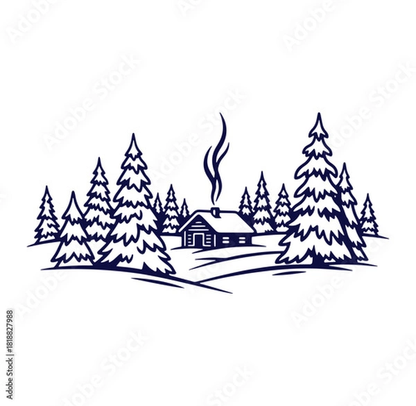 Obraz Winter cabin in the snowy forest with evergreen trees and smoke rising from the chimney