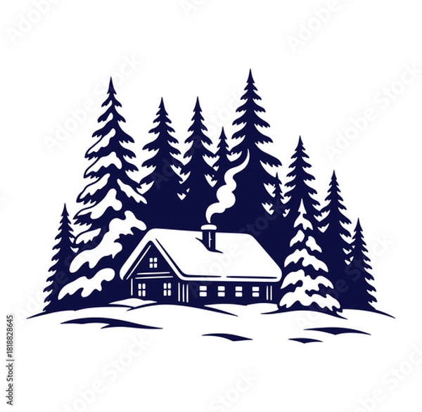 Fototapeta Winter scene illustration of a cozy cabin in a snowy forest with smoke rising