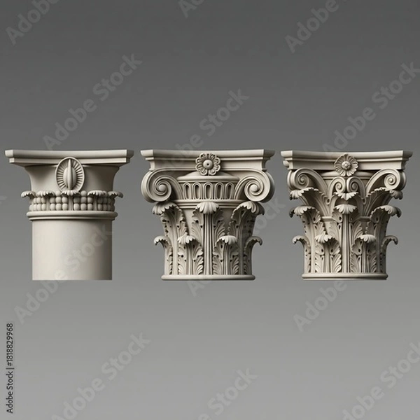 Fototapeta A set of three classical architectural column capitals, including ornate Corinthian and Ionic orders, shown as a detailed 3D digital illustration