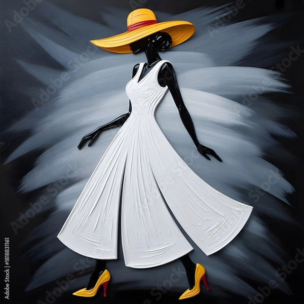 Obraz A vibrant impasto painting of an elegant woman in a flowing white dress and a wide yellow hat, walking confidently against a dynamic black and gray abstract background.