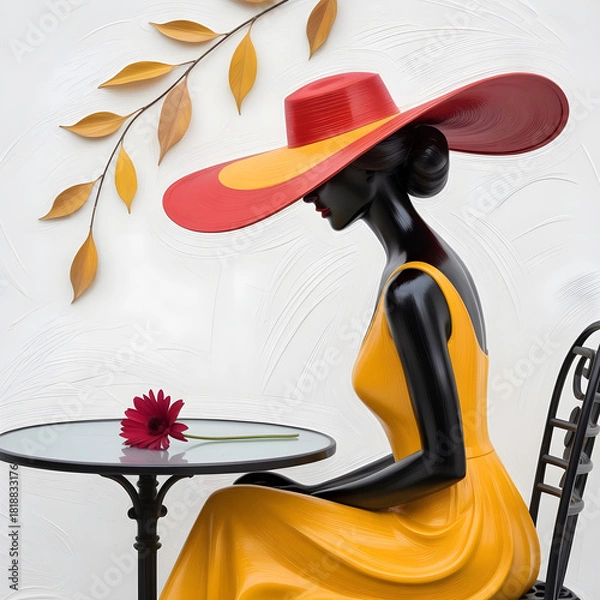 Obraz Elegant sculpture of a woman in a wide-brimmed yellow hat and dress, sitting at a café table with a single red flower in a stylish, artistic setting.