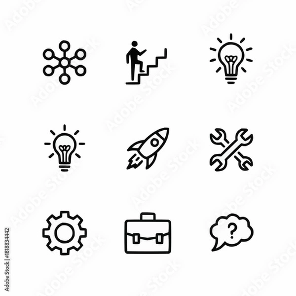Fototapeta Icons of Innovation: A collection of modern and minimalist icons symbolizing essential business concepts, each carefully designed to convey ideas of connectivity, growth, and ingenuity.