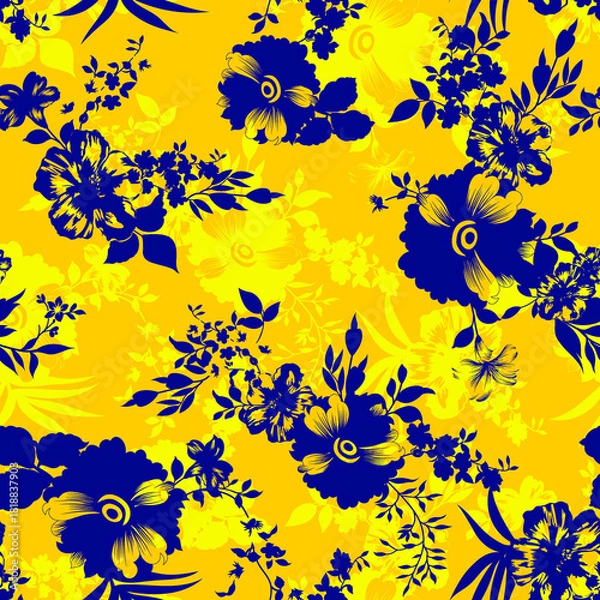 Fototapeta Vibrant yellow background with abstract blue floral pattern and botanical elements