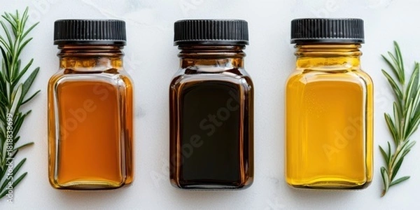 Fototapeta Three amber glass dropper bottles with dark liquid and herbs on a light surface