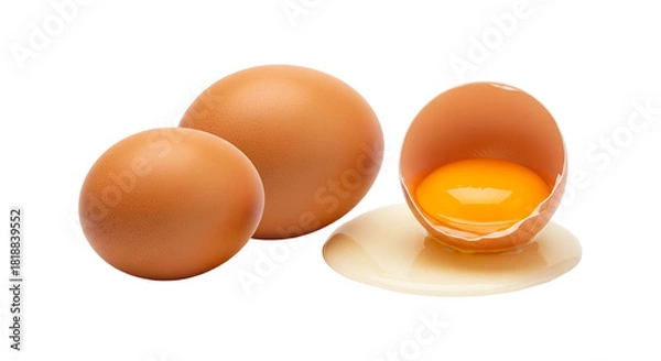 Fototapeta Two whole brown eggs and one cracked egg with a bright yellow yolk, isolated on transparent background