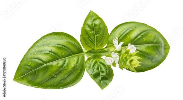 Fototapeta Fresh green basil sprig with delicate white flowers, showcasing vibrant leaves and aromatic qualities, isolated on transparent background