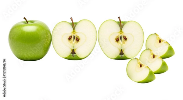 Fototapeta Fresh green apples, including a whole fruit, two halves, and several slices, isolated on transparent background