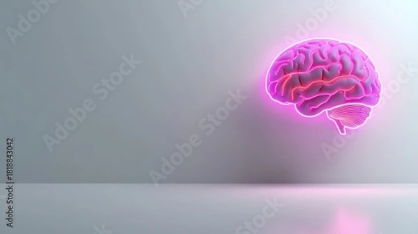 Obraz Glowing pink neon outline of a human brain floats against a minimalist light gray studio background