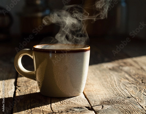Fototapeta Steaming mug on rustic wood, bathed in sunlight. Evokes warmth, comfort, and simple pleasures. Perfect for illustrating mornings, relaxation, or coffee culture.