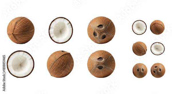 Fototapeta Fresh whole and halved coconuts with their brown fibrous husks and white flesh, isolated on transparent background