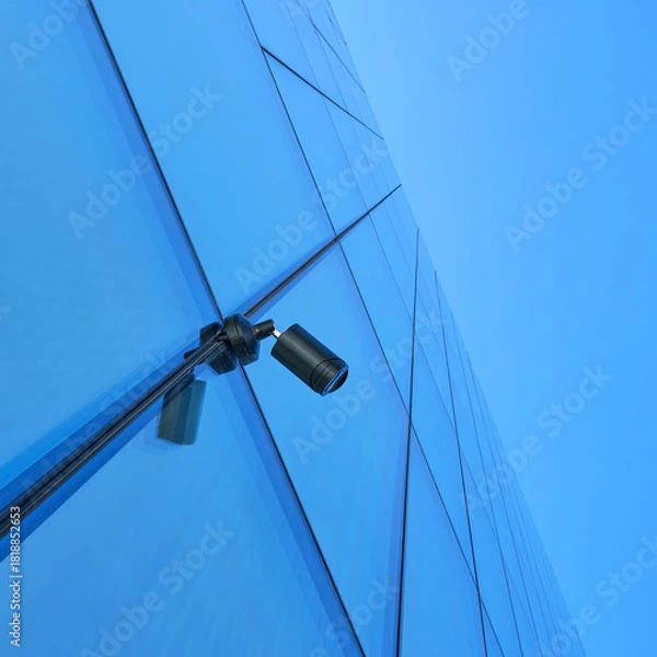 Obraz Security cctv camera on modern blue glass skyscraper facade of a contemporary office building,  Low-angle view. Surveillance, business safety, privacy concerns and smart city urban technology concept