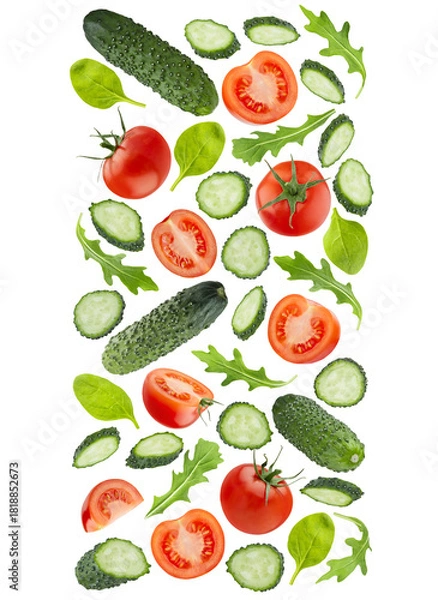 Obraz Healthy food background - decorative stripe, flow, border of flying diet vegetable salad ingredients, isolated. Red tomatoes, cucumbers, green leaves. Summer food for detox menu, fitness meal, design.
