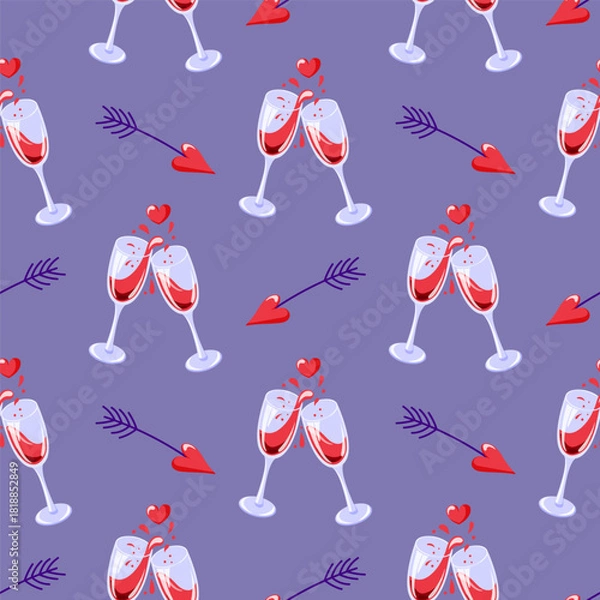 Fototapeta Seamless pattern with wine glass, red heart and arrow on a purple background symbolizing love romance and celebration. Perfect for valentine and romantic design in flat style.