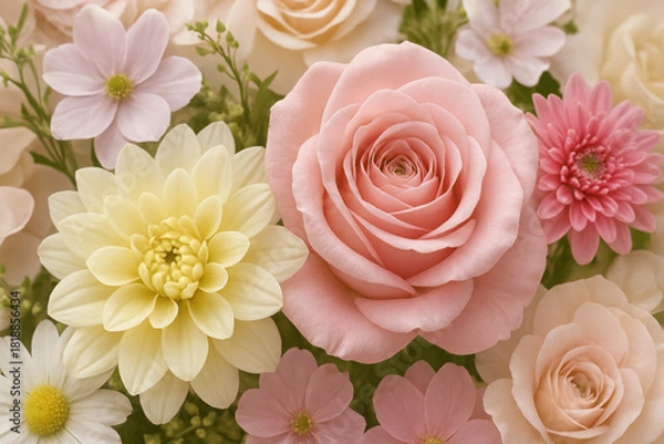 Fototapeta Close up view of a bouquet featuring a large pink rose yellow dahlia and assorted pale blossoms