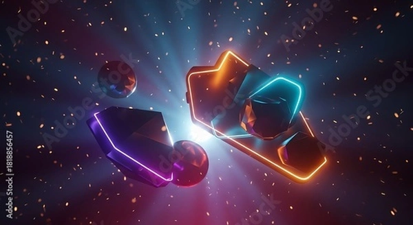 Fototapeta a vibrant digital rendering showcases geometric fractured shapes illuminated with neon outlines amidst a dark cosmic backdrop of sparkling particles high quality professional detailed modern elegant