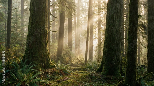 Fototapeta Towering moss covered trees stand in a misty sunlit temperate rainforest with ferns covering the ground