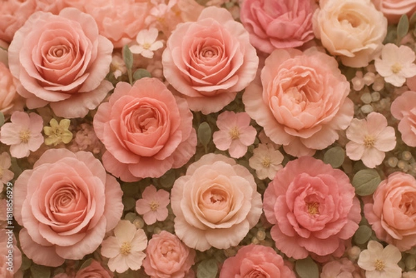 Fototapeta A dense background texture of various shades of pink and peach roses interspersed with small white blossoms
