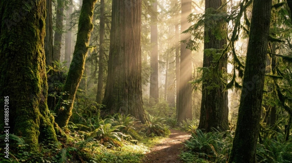 Fototapeta Tall mossy redwood trees surround a sunlit dirt path winding through a dense misty green forest