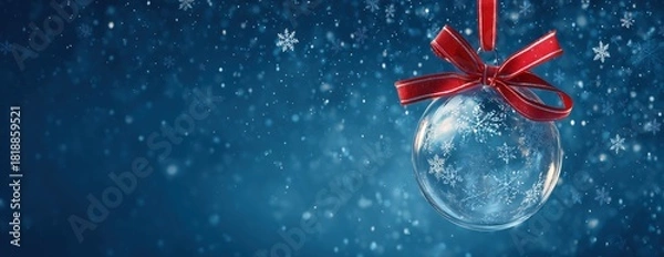 Obraz Blue Christmas Background with Hanging Ornament and Snowflakes