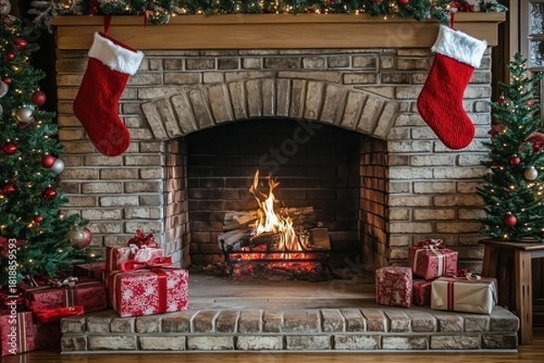 Obraz Christmas Decorations: Brick Fireplace with Burning Logs, Stockings, Gifts, and Christmas Trees