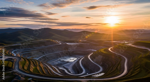 Obraz An impressive open pit mine at sunset showcases the scale of resource extraction and industrial landscape, highlighting engineering and environmental impact.
