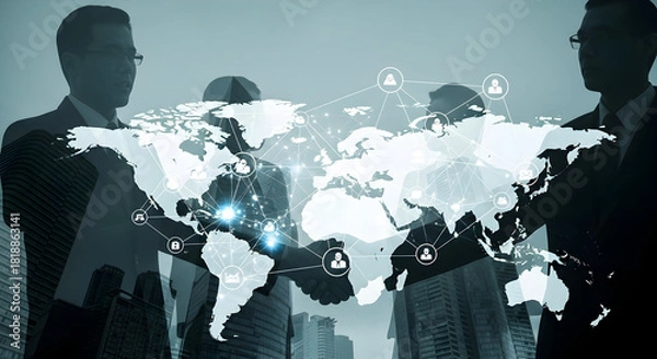 Obraz Global business network with worldwide connections and partnership for success, teamwork and international cooperation, expanding to new markets now.