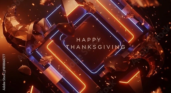 Fototapeta a vibrant abstract composition features a fractured cubic form illuminated with glowing neon lines and text displaying a thanksgiving message high quality professional detailed modern elegant