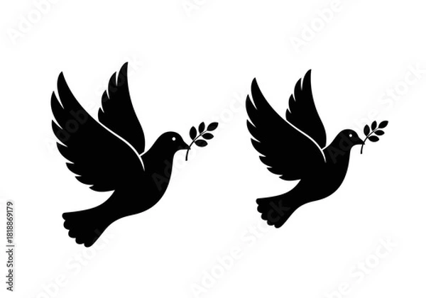 Obraz Two black silhouette doves flying with olive branches.