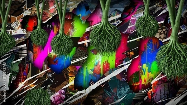 Fototapeta Abstract Digital Collage Illustrating Roots and Colorful Fragments, Creative Design