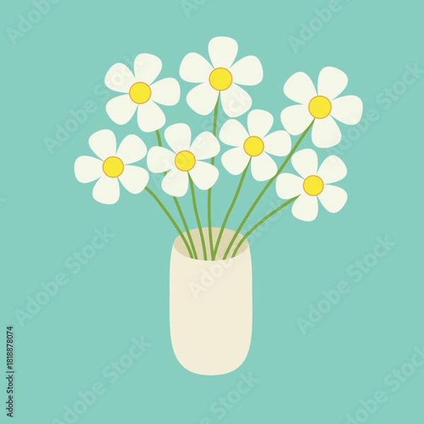 Obraz Daisy Chamomile flowers collection. Glass ceramic vase. White flower in vase. Cute colorful icon collection. Pottery decoration. Blue background. Flat design. Isolated. Vector illustration
